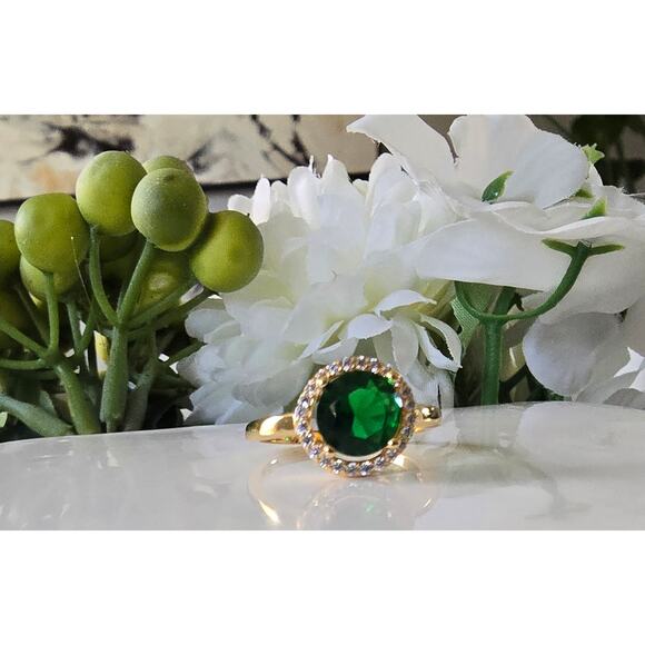 Gold Plated Green Round CZ Ring Size 6 New - Picture 5 of 5